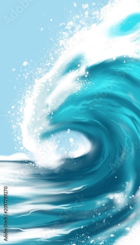 Powerful Ocean Wave – Turquoise Sea, Surf and Sea Foam Digital Illustration