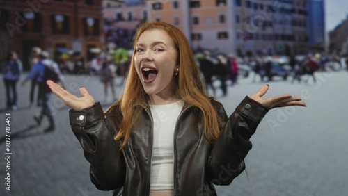 Φωτογραφία Redhead woman with hands on cheeks, mouth open in surprise, wearing a leather jacket on a street; spontaneous surprise