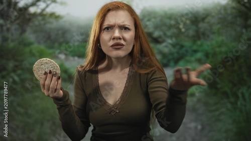 Foto Redhead woman holding cookie in left hand, pointing finger with right hand and frowning on forest path; annoyance accusation