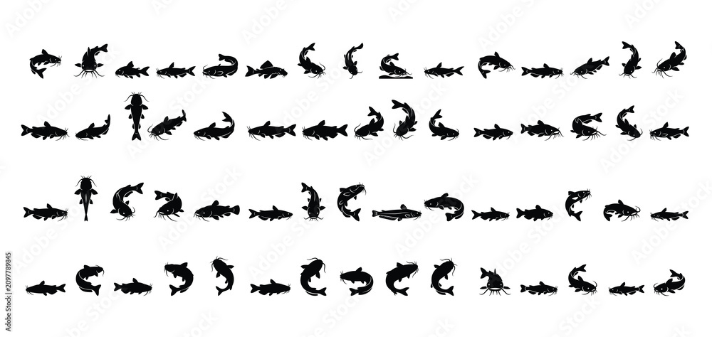 Obraz premium Catfish Silhouette Collection Vector Icons Isolated on White Background
