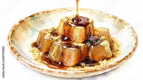きな粉と黒蜜をかけた葛餅を水彩画風に描いた日本の夏を感じる涼しげな和菓子デザート素材 generative ai