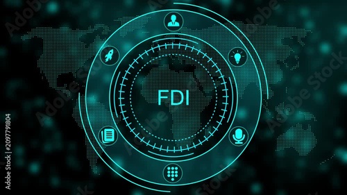 FDI Foreign Direct Investment Infographic Animation Concept with Global and Radar Chart on Dark Blue Background with Grid Pattern
