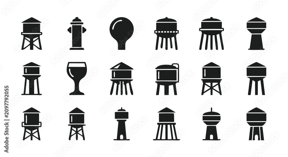 Фотография Water tower and water supply infrastructure black solid icon set