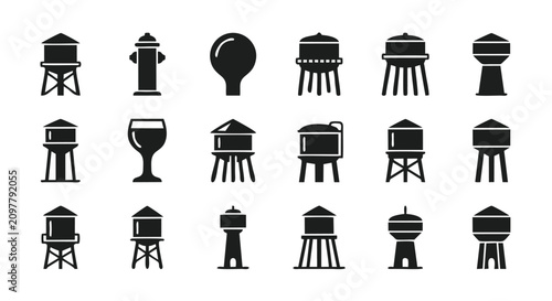 Obraz na plátně Water tower and water supply infrastructure black solid icon set