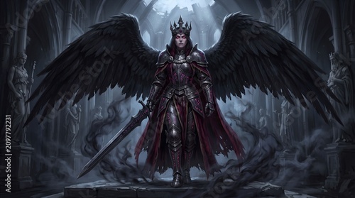 A fallen angel empress with enormous black feathered wings, glowing crimson eyes, ornate gothic crown, majesty ancient rune-engraved armor