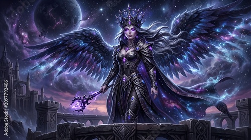 A dark queen with glowing violet eyes, wearing an intricate obsidian crown adorned with elegance luminous crystals