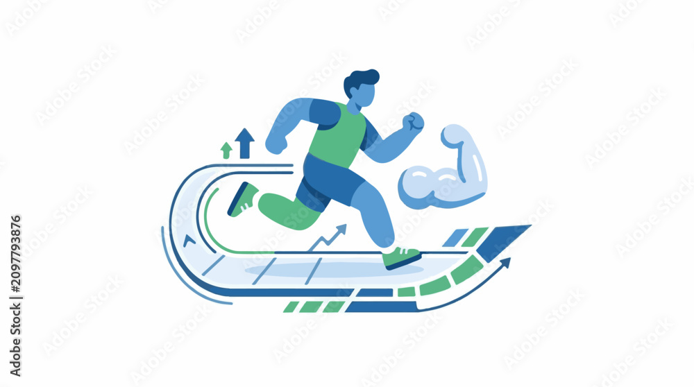 Fototapeta premium Man running on treadmill with muscle arm and upward arrows icon