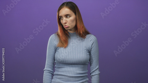 Foto Woman face, eyes closed with slight head tilt and pouting lips in purple studio portrait; melancholy introspection solitude