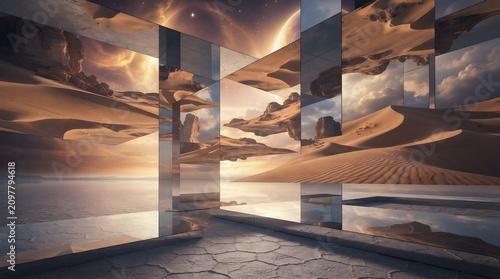Surreal desert landscape with reflective surfaces. Abstract mirrored environment