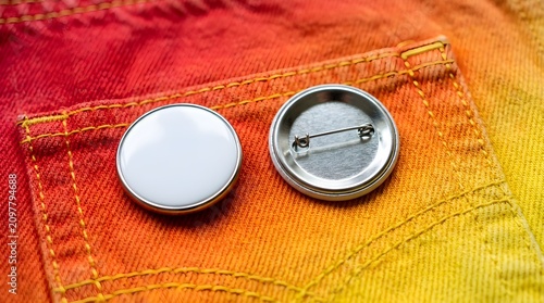 Two pin badges on fabric. Close-up of pinback buttons on clothing