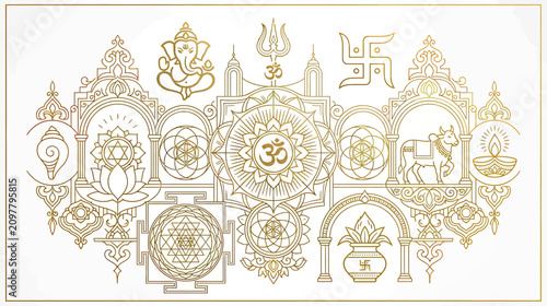 Canvastavla Golden Hindu Symbols and Ornaments - Om, Ganesha, Swastika, Lotus, Mandala