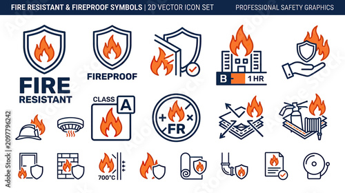 Fotografía Fire Resistant & Fireproof Symbols Set: Safety Icons Vector Illustration
