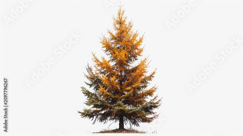 Larch tree stands isolated against a clean white background, showcasing its vibrant golden autumn needles as the seasons transition into the colder winter months of the year.