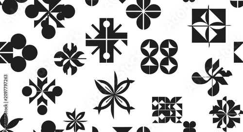 Abstract Geometric Black and White Pattern with Minimalist Symbols