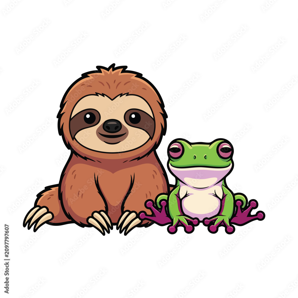 Fototapeta premium Sloth and Frog Cartoon Friends.