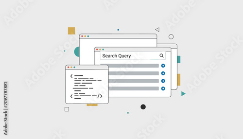Search engine optimization and coding concept showing multiple web browser windows, search bar, and code elements.