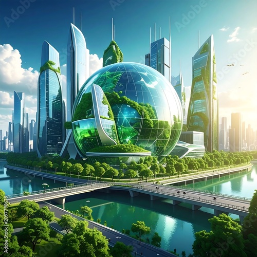 A futuristic cityscape with a large glass globe containing a lush green landscape