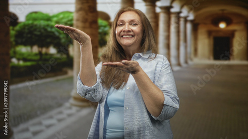 Fotografie Woman holding palms up and smiling, showing empty hands in a stone colonnade building walkway with archways and trees; joy
