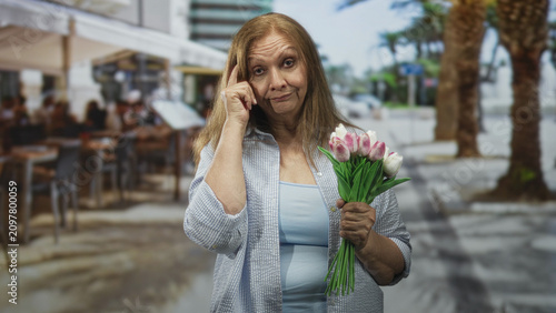 Bild auf Leinwand Senior woman holding a bouquet of pink tulips points a finger toward camera at a street cafe; gentle reproach