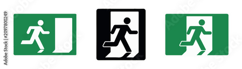 Photos Emergency fire exit signs with running human silhouette for building safety and evacuation instructions
