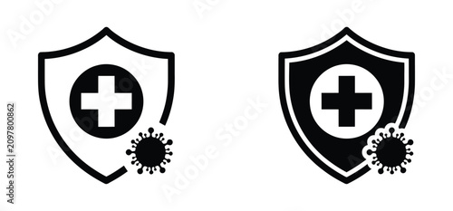 Quadro su tela Health shield protection icon set, antibacterial and immune defense symbols, medical care shield, red cross, heart and virus vector illustration set