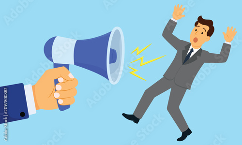 Cuadro en lienzo A terrified businessman reacts to an overpowering megaphone, symbolizing workpla