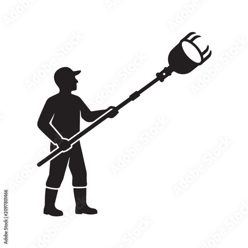 Bild auf Leinwand Man using fruit picker tool with long telescopic pole to harvest tree produce silhouette illustration