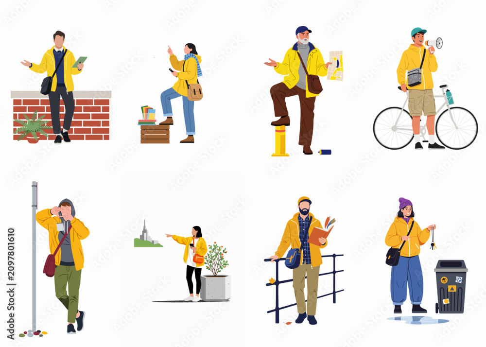 Fototapeta premium Set of diverse characters in yellow jackets engaged in various outdoor activities like sightseeing, navigating, and exploring in an urban environment.