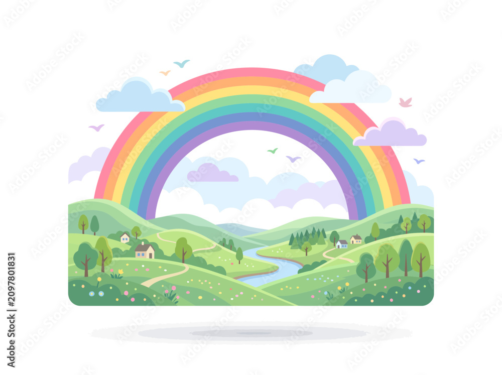 Obraz premium Vibrant Rainbow Arching Over Peaceful Green Hills and Winding River Illustration.