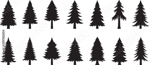 Black Pine Tree Silhouettes, Forest Icons, Vector Graphic Elements