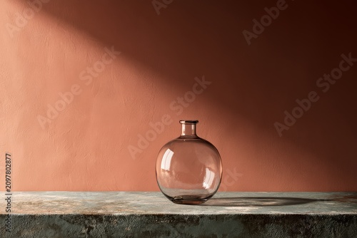 Round glass bottle, rustic farmhouse still life with artisan decor and natural light