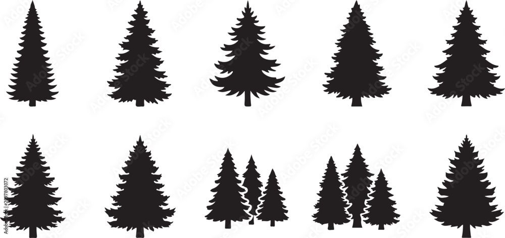 Fototapeta premium Pine Tree Silhouettes, Evergreen Forest Icons, Black Tree Shapes, Vector Graphics