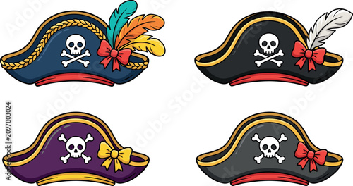 Obraz na płótnie Pirate hat vector collection featuring colorful tricorn caps with skull crossbon