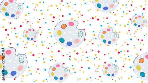 Fotografie Whimsical background featuring cartoon artist palettes with colorful paint splotches, scattered stars, and dots