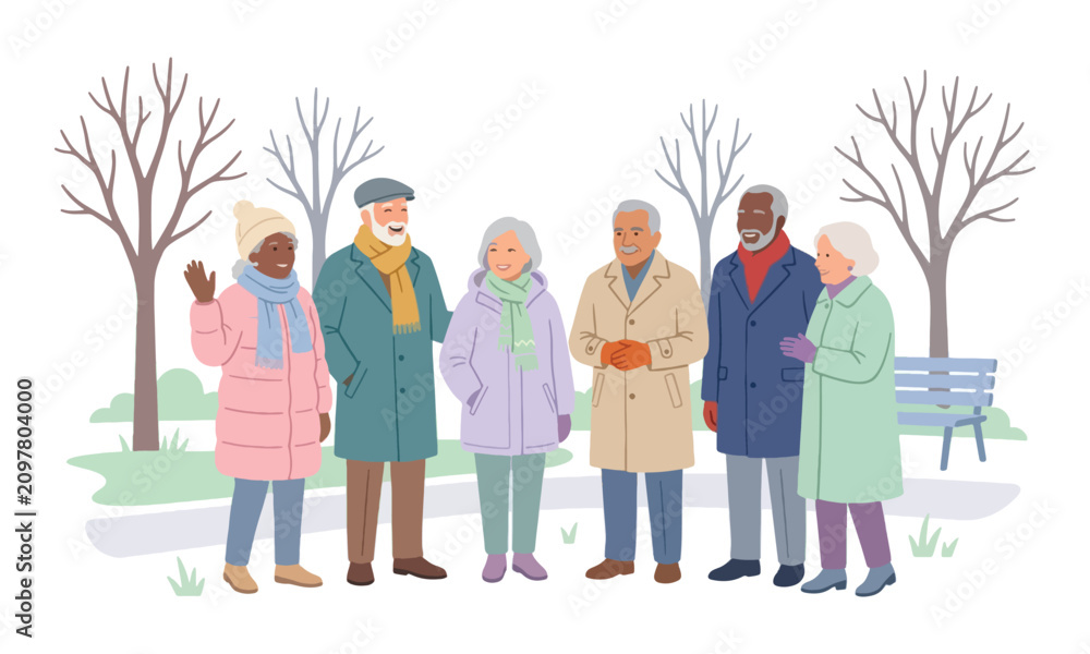 Fototapeta premium Diverse senior group in winter clothing standing in park vector