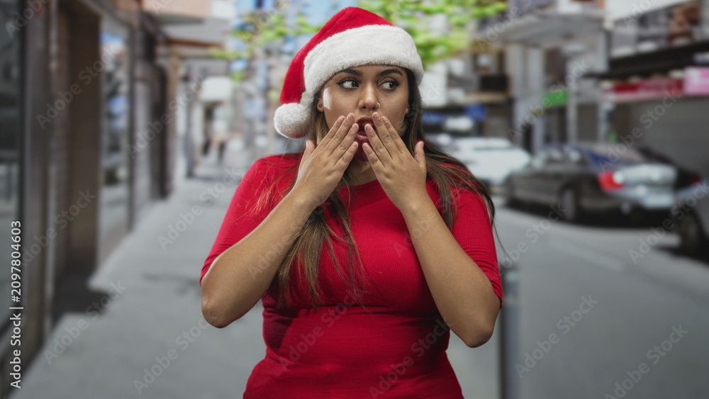 Fototapeta premium Woman in santa hat shrugs with palms up on street, wearing red shirt and showing hands gesture with a smirk; bemused holiday.