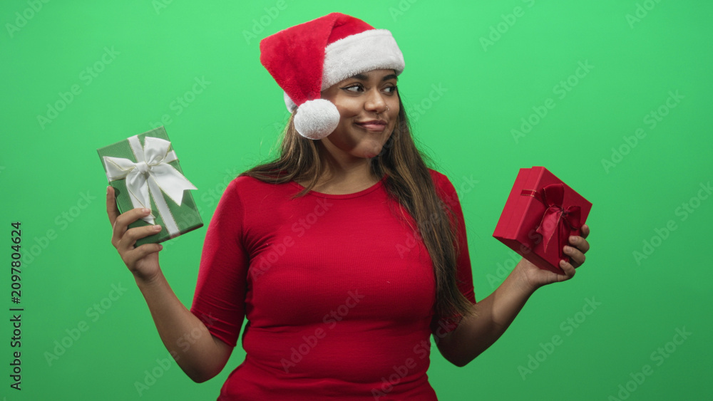 Fototapeta premium Woman holding two gift boxes, hands visible, wearing santa hat and red top against green studio backdrop; cheerful celebration.