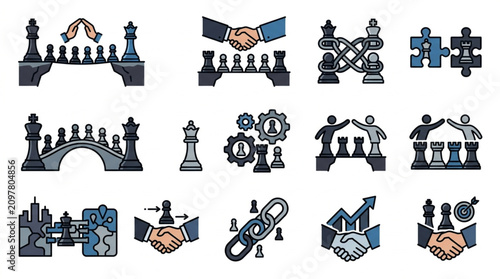 Business strategy and partnership concepts illustrated with chess pieces and bridges.