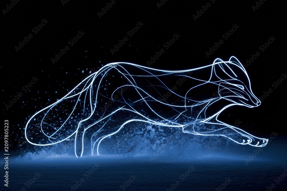 Fototapeta premium An arctic fox leaps in deep snow leaving a trail of glowing white light with snow crystals flying around it in the dark