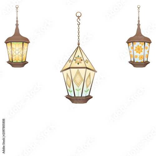 Antique Hanging Stained Glass Lantern Set – Summer Floral Garden Decoration