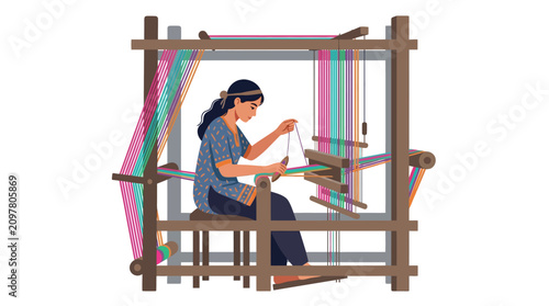 Female artisan weaver working on a traditional wooden loom creating colorful textile fabric flat design vector illustration