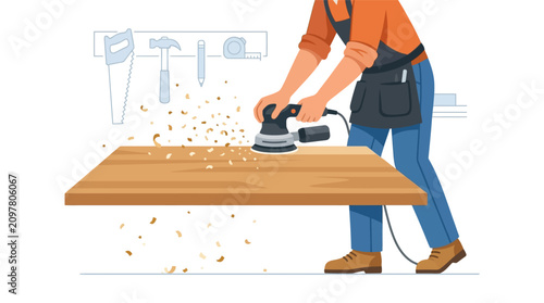Professional carpenter sanding a smooth wooden board using an orbital sander tool flat design vector illustration.