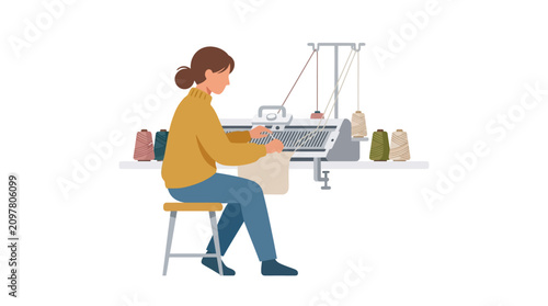 Professional knitwear designer operating manual knitting machine creating handmade garments flat vector illustration