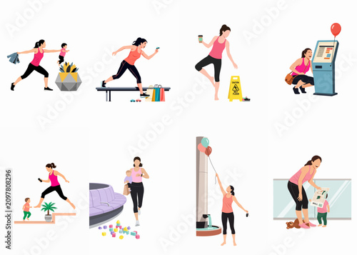 Flat vector illustration set of an active mother multitasking various activities and challenges with her toddler at a shopping mall.