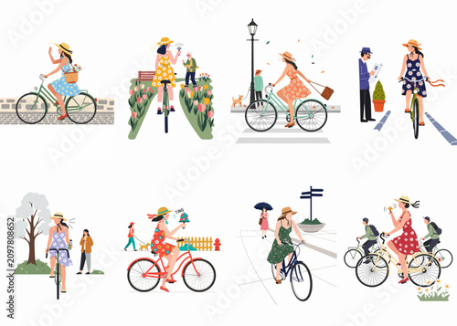 Collection of flat illustrations showing young women in summer dresses and straw hats riding bicycles in various urban and park settings.