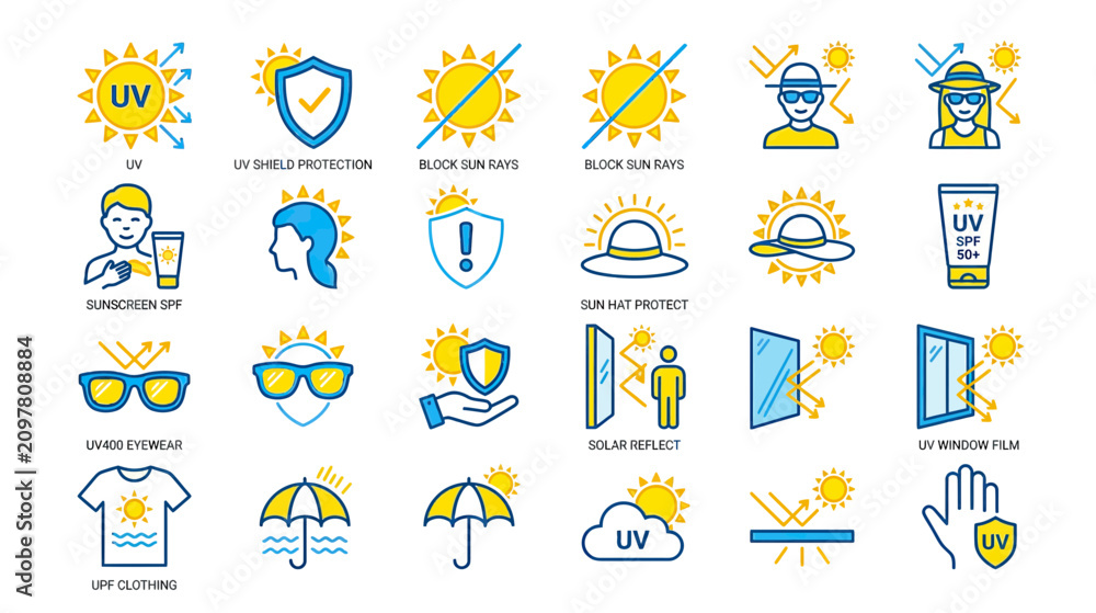 Fototapeta premium Sun Protection Icons: UV Rays, Sunscreen, Hats, Glasses, Clothing, Window Film