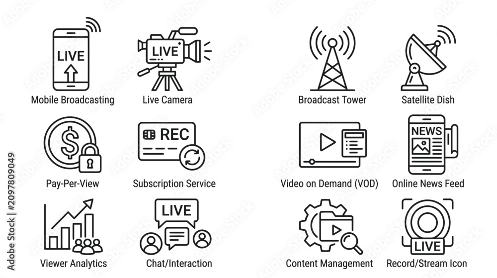 Obraz premium Broadcast Icons Set: Live Streaming, Mobile, VOD, News, Analytics, Pay-Per-View
