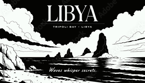 Monochromatic Libyan Bay Landscape with Artistic Typography