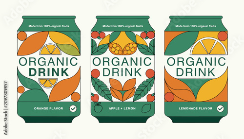Organic Drink Cans with Fruit and Leaf Motifs