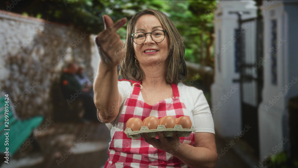 Fototapeta premium Hispanic woman in red check apron holds a carton of eggs and makes a finger heart gesture in building; homemade hospitality warmth.